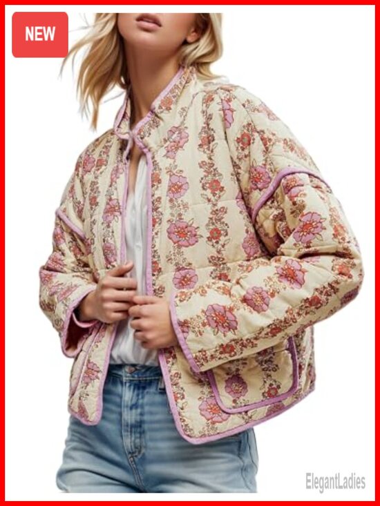 Jackets & Blazers - Cropped Puffer Jacket Vintage Floral Print Open Front Lightweight Short Quilted